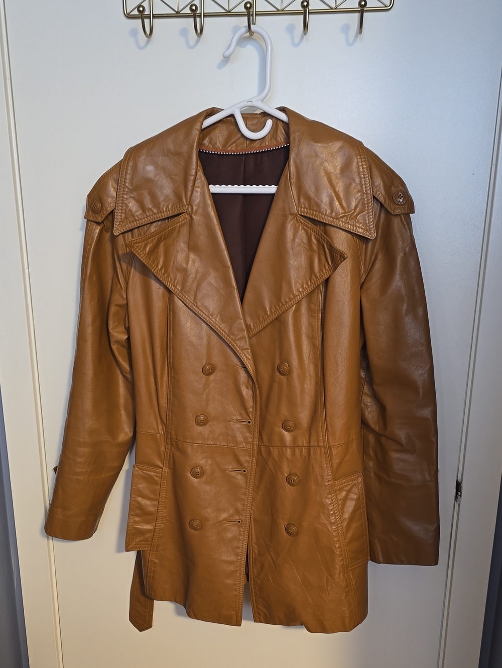 Cognac Leather Double-Breasted Trench Coat